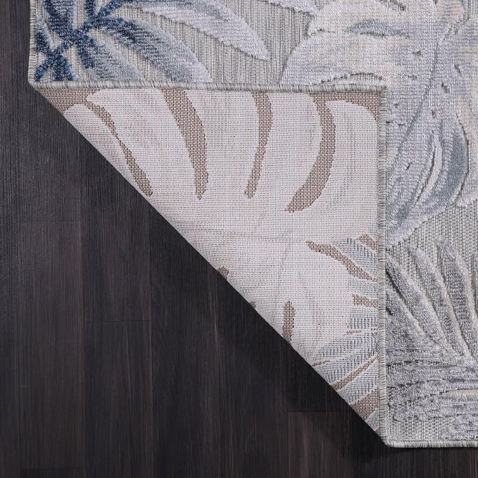 CAMILSON Indoor Outdoor Rug, Blue 7’10”x10’ Leaf Tropical Botanical Area Rugs for Indoor and Outdoor patios, Easy-Cleaning Non-Shedding Living Room, Garden and Kitchen Washable Outside Carpet (8x10)