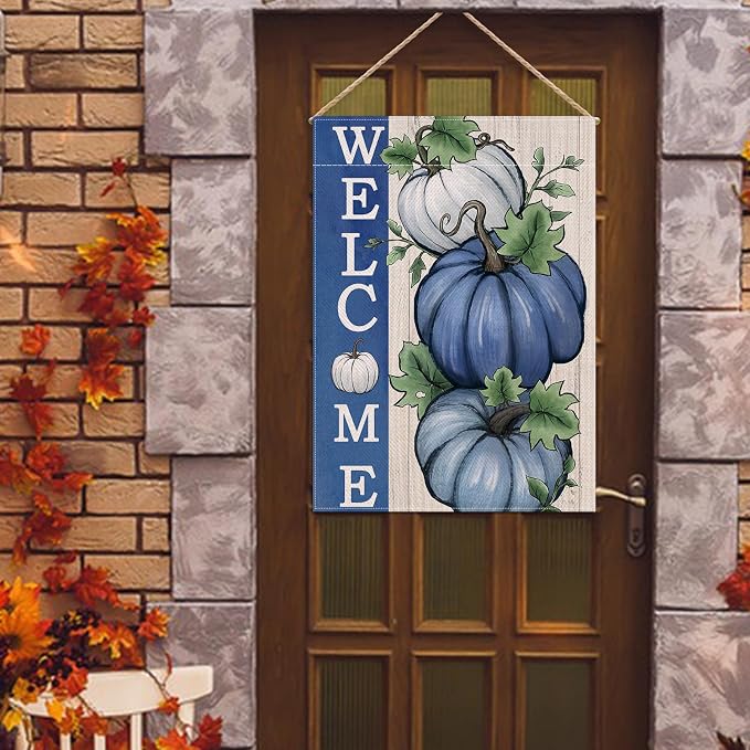 Welcome Fall Pumpkins Decorative House Flag, Autumn Blue White Pumpkin Farmhouse Garden Yard Outside Decorations, Thanksgiving Rustic Burlap Outdoor Large Home Decor Double Sided 28 x 40