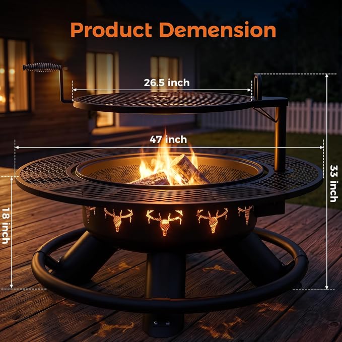 BALI OUTDOORS Fire Pit with Poker, Outdoor Fire Pit Extra Large, Wood Burning Firepits for Outside with Grill, 47 inch
