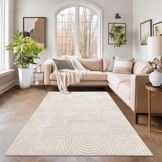 Pauwer 5x7 Area Rugs for Living Room, Modern Non Slip Washable Rug, Beige | Arch Pattern, Soft Fluffy, Neutral, Boho Accent, Solid Color Floor Carpet, For Kids Room Dining Room Nursery Entryway