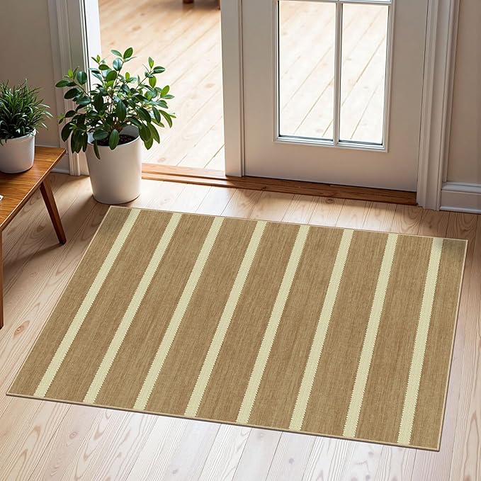 Indoor Front Door Mat, 2x3 Cottage Tan Beige Striped Front Door Rug | Non-Slip Washable Doormat Indoor Outdoor Entrance Small Rugs for Entryway Bedroom Kitchen Mat for Floor Front Porch Decor