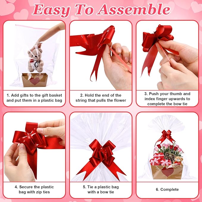 Qinyoung 12 Pcs Red Heart Kraft Baskets for Gifts Empty Red Heart Gift Basket with Handles, Pull Bows, Cellophane Bags and Twist Ties for Teacher Summer Xmas Wedding Party Favor Supplies, 9.8 x 6.5''