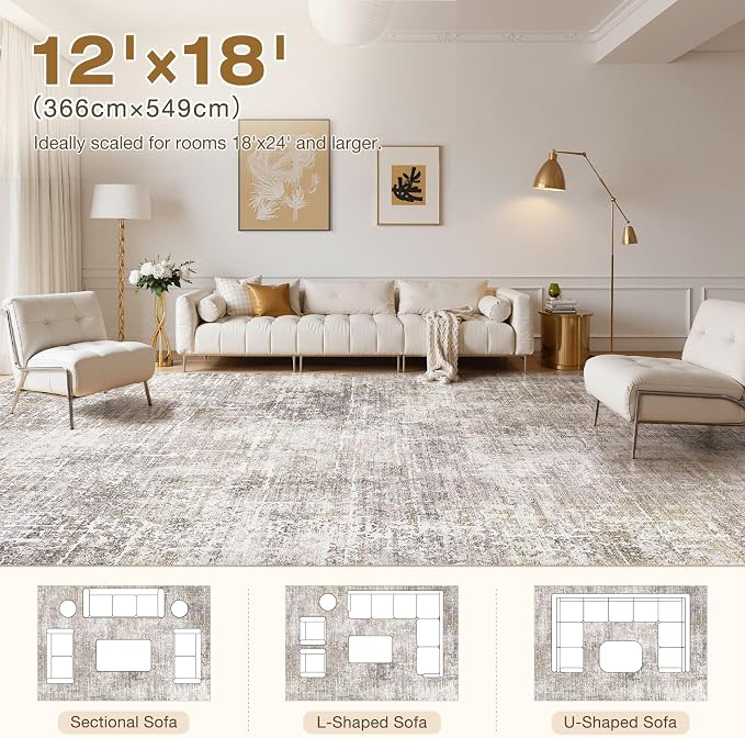 kakania Abstract 12x18 Area Rugs for Living Room: Washable Rugs Brown Gold | Soft, Non-Slip, Low-Pile, Pet & Kid Friendly - Large Modern Home Decor Carpet for Bedroom/Dining Room/Office/Nursery