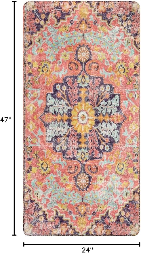 Lahome Reine Bohemian Floral Medallion Runner Rug, 2x4 Pink Bathroom Rug Runner, Machine Washable Non-Slip Hallway Mat Indoor Laundry Carpet Runners for Kitchen Living Bedroom, Fuchsia/Multi