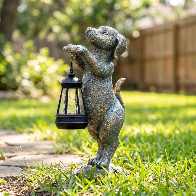 Solar Dog Garden Statue - Puppy Holding Lantern Outdoor Decor, Waterproof Resin Yard Art Figurine with Warm LED Light for Lawn, Patio, Porch & Pathway, Perfect Housewarming Gift for Dog Lovers
