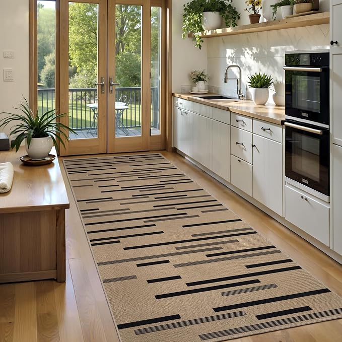 Tangsoo Easy Jute 2.6x10 Washable Runner Rug for Hallway,Non-Slip Door Rug | Modern Thin Outdoor Runner Mat Farmhouse Indoor Irregular Striped Long Carpet Runner for Porch Laundry Bedroom Living Room