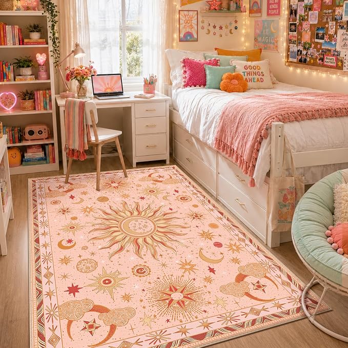 Vacuum-Friendly, 5x7 Washable Area Rug, Pink Gold Beige Red | Sun and Moon Boho Gothic Non-Slip Low Pile Living Roon Bedroom Dining Room Kitchen Entry Entryway Entrance Hallway Doormat