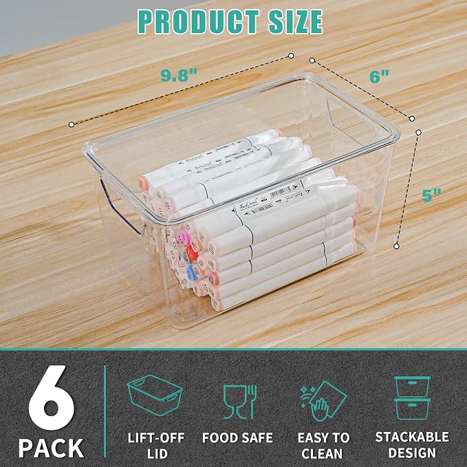 6 Pack Medium Clear Storage Bins with Lids, Acrylic Arts and Craft Storage Containers, Stackable Clear Plastic Craft Storage Bins with Handles for Pantry Organizers and Storage, Kitchen, Fridge,Office