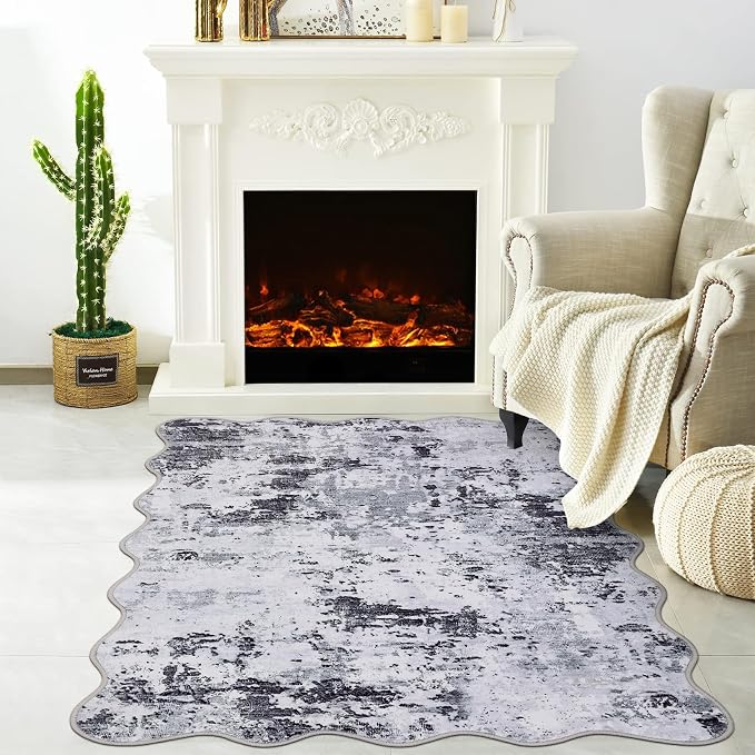 ROYHOME Modern Abstract Scalloped 2x3 Area Rug Non Slip, Grey | Non Shedding Low Pile Stain Resistant Rug for Entryway Kitchen Bedroom