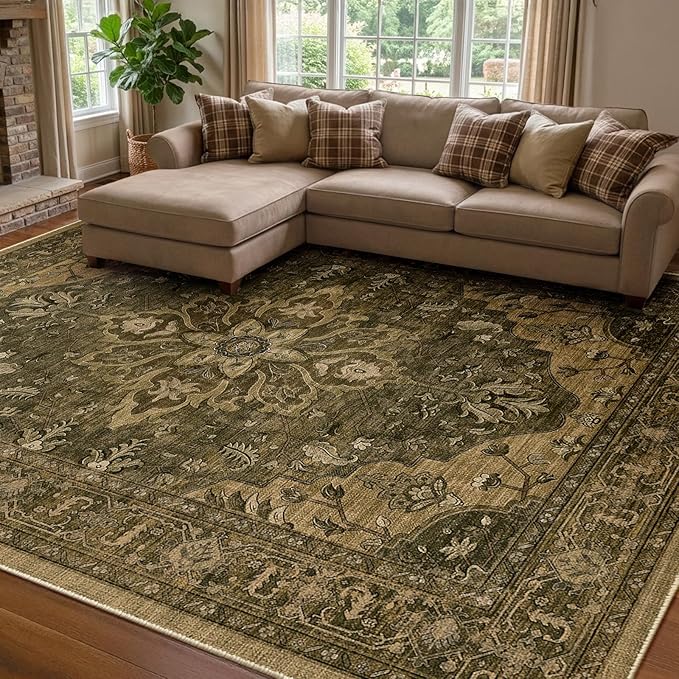 RELEANY Washable Area Rug, 7'x9', Brown/Dark Brown | Non-Slip, Water Repellent, Pet Friendly, Easy to Clean, Vintage Floral Boho Decor for Living Room Bedroom Dining Room Office
