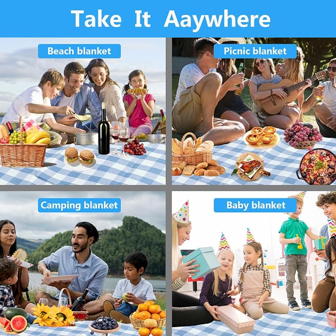 79”x79” Picnic Blanket Extra Large, Waterproof and Foldable Beach Blanket, 3-Layer Outdoor Blanket for 6 to 8 Adults, for Camping, Park, Beach, Grass, Indoors