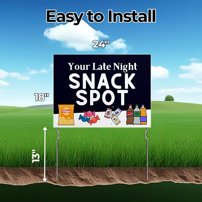 Your Late-Night Snack Spot! Yard Sign by DC | 24"x18" Double Sided Conv. Store Garden Sign with 13” Metal Stakes | Outdoor Signs Waterproof for Lawn, Patio, Sidewalk & House | Set of 3 | Made in USA