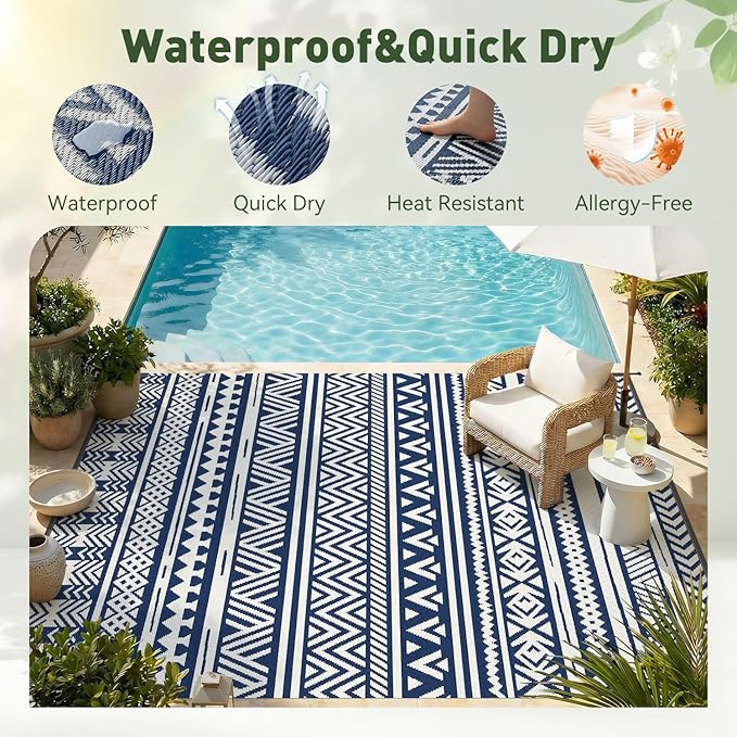 MontVoo Outdoor Rug Carpet Waterproof 6x9 Outdoor Patio Rug Mat Reverisble Plastic Straw Outdoor Rug for RV Camping Picnic Beach Balcony Boho Navy Blue