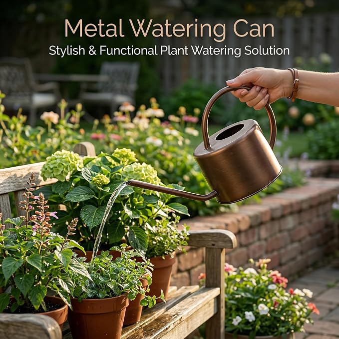 Topadorn 1.3L Metal Watering Can with Long Spout, Bronze Indoor Plant Watering Can, Rust-Resistant Garden Watering Can with Ergonomic Handle