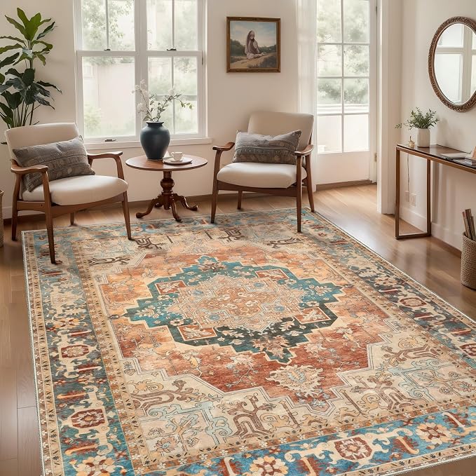 Tangsoo Oriental 4x6 Washable Area Rug for Living Room, Non Slip Rug Orange | Vintage Machine Washable Large Rug Carpet, Boho Soft Low Pile Foldable Indoor Rugs for Dining Room Bedroom Bedside Home Decor