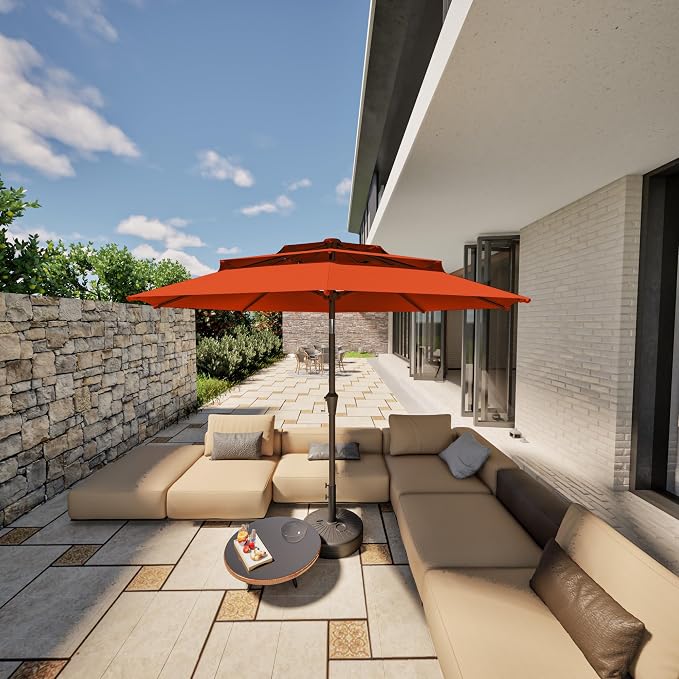 PatioKingdom 9ft 3-Tier Patio Market Umbrella with Crank/Tilt, Commercial Heavy Duty Wind Proof,Outdoor Table Umbrella with 8 Fiberglass Ribs,UPF50+ for Deck,Pool,Garden,Backyard (Orange)