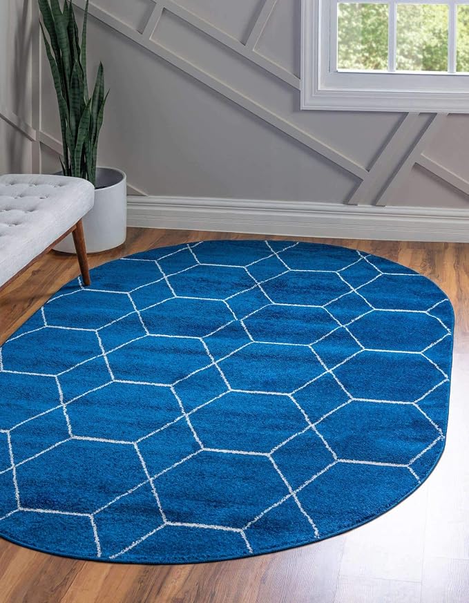 Unique Loom Trellis Frieze Collection Area Rug - Geometric (5' x 8' Oval, Navy Blue/ Ivory)