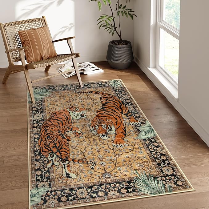 Moynesa Tiger Washable Rugs, 3x5 Entry Area Rugs, Non Slip Vintage Soft Living Room Carpet, Boho Low Pile Stain Resistant Indoor Throw Mat for Kitchen Bedroom Entrance, Camel