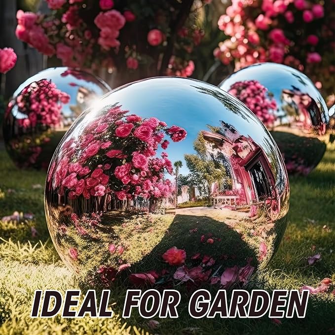 Suzile 2 Pieces 10 Inch Gazing Ball Hollow Gazing Mirror Ball Stainless Steel Garden Globe Gazing Globe Mirrored Surface Polished Ornament Sphere for Garden Outdoor Pool Yard Pond Lawn Home (Silver)