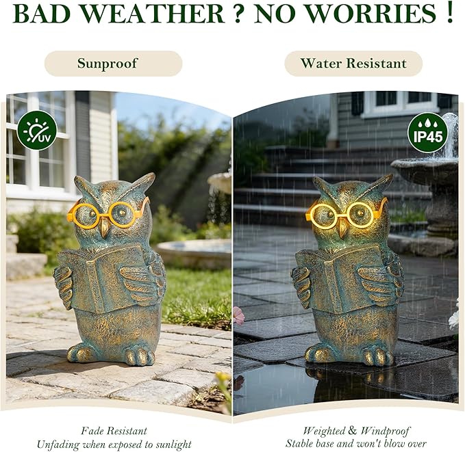 Reading Owl Statue with Solar Glasses Bronze Resin Garden Decoration Outdoor Figurine Light for Patio, Yard, Lawn, Housewarming Home Decor Gift for Women
