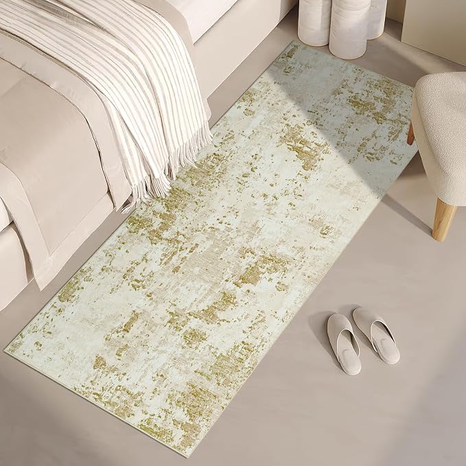 ROYHOME Modern Abstract 2x10 Runner Rug Washable Non Slip Stain Resistant Rug for Hallway Kitchen Bedroom Non Shedding Low Pile Indoor Floor Cover,Golden Grey