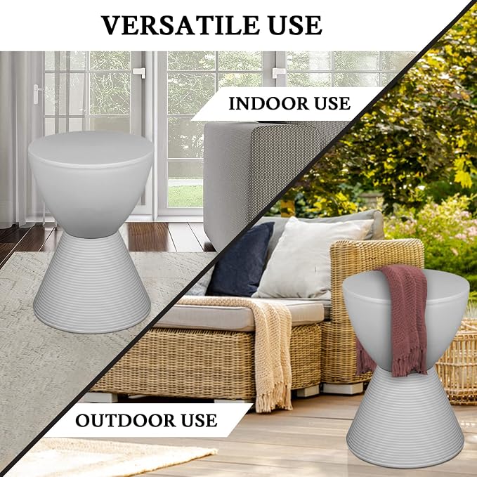 LeisureMod Side Table Modern ABS Ribbed Hourglass End Table Compact Accent Drum Table with Removable Lid for Storage Indoor and Outdoor Use 16.75" H x 11.75" W x 11.75" D Boyd Series in Light Grey
