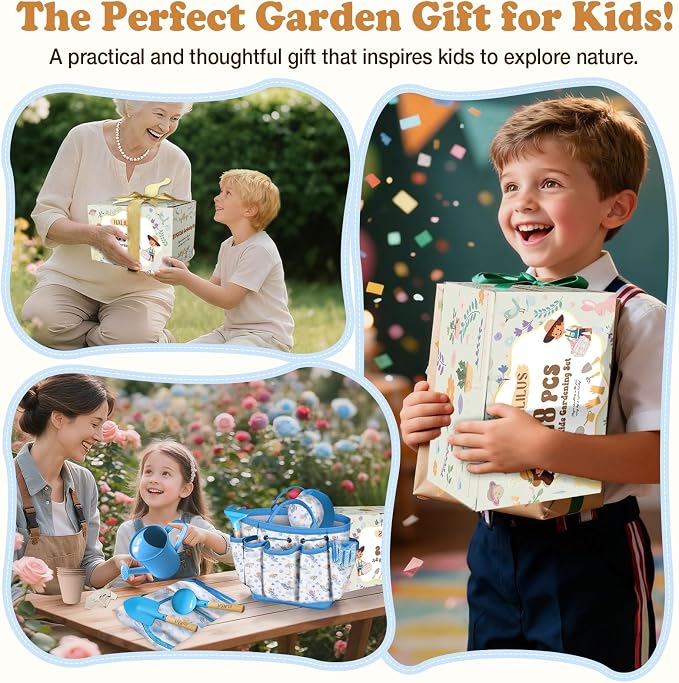 Kids Gardening Tool Set 18PCS Kids Toddler Gardening Set Includes Tote Bag Watering Can Apron Hat Rake Shovel Spoon Gloves Plant Pots and Labels, Outdoor Toys Gift for Boys Girls (Blue)