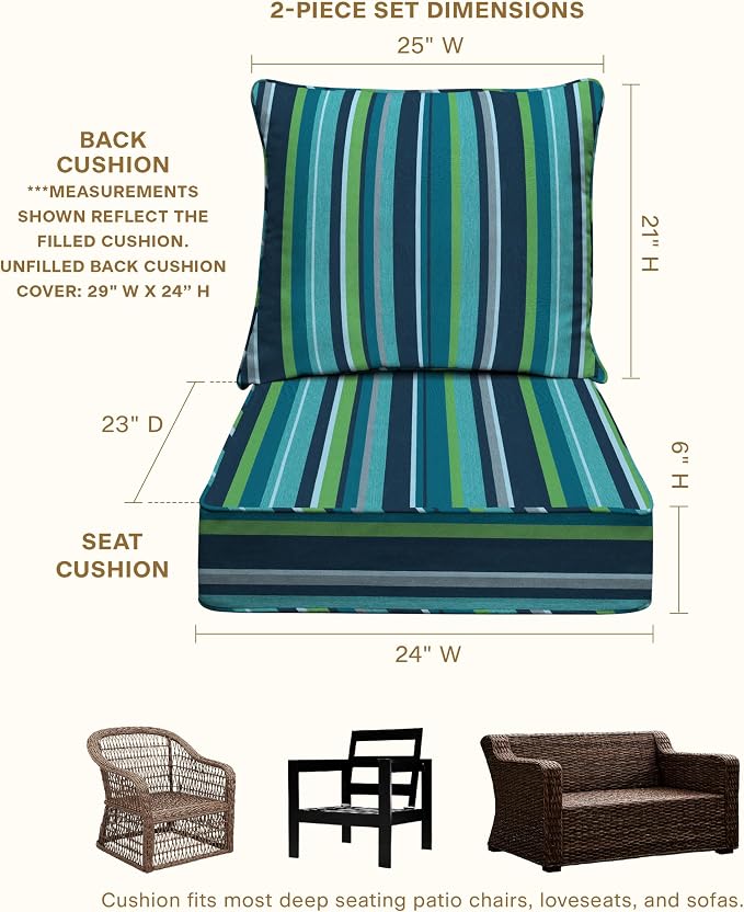 Honeycomb Outdoor Heritage Deep Seat, 24 x 23, Stripe Poolside Chair Cushion with Removable Cover, for Patio Furniture