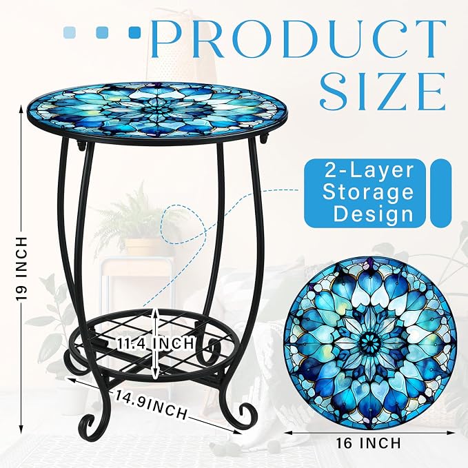 Cinnvoice Outdoor Side Table Round Small Mosaic Patio Accent Indoor End Plant Coffee Tea Table for Yard Patio Porch Garden Living Room, Bedroom(Mandala Style,16 Inch)