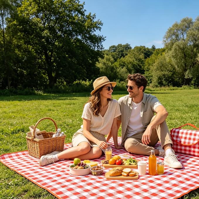 Portable Picnic Blanket, Waterproof Sandproof Foldable Outdoor Mat with Handle for Beach, Camping, Hiking, Travel, and Family Concerts, Red