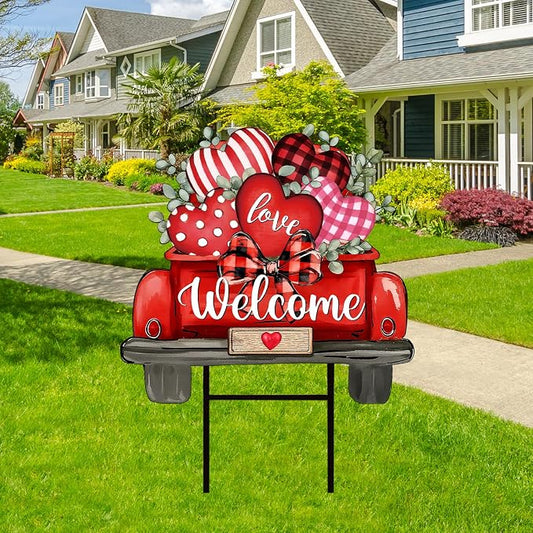 JarThenaAMCS Valentine' s Day Metal Garden Stake Welcome Yard Sign Red Love Heart Truck Decorative Lawn Sign for Wedding Anniversary Home Outside Lawn Porch Walkway Decor