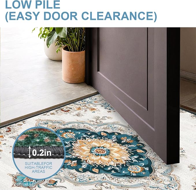 White Gold Floral 2x3 Entry Rug,Washable Small Rugs for Entryway Kitchen Bathroom Door Mat Indoor Entrance,Non Slip Rubber Backing, Stain & Fade Resistant,Elegant Traditional Persian Decor