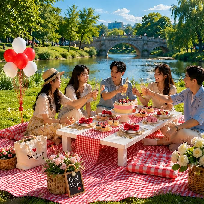 Cinrobiye Boho Picnic Party Set for Outdoor, Aesthetic Picnic Setup with Large Picnic Blanket, Floor Cushions, Table Runner, Napkins, Balloons for Wedding, Bridal Shower, Birthday(Red)