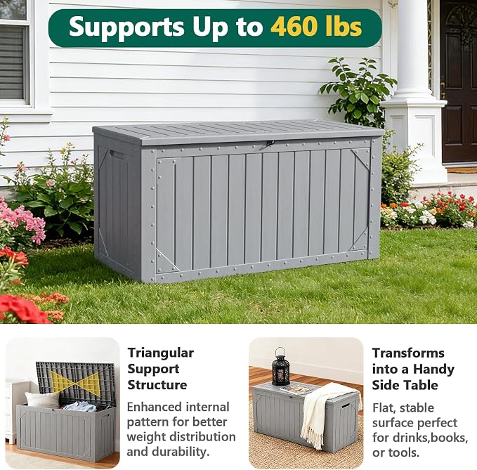 Outdoor Storage Box, 98 Gallon Deck Box, Outdoor Storage Bench, Waterproof Resin Storage Bench with Lockable Lid, Patio Furniture Cushions & Garden Tools Storage, UV Resistant (Gray)
