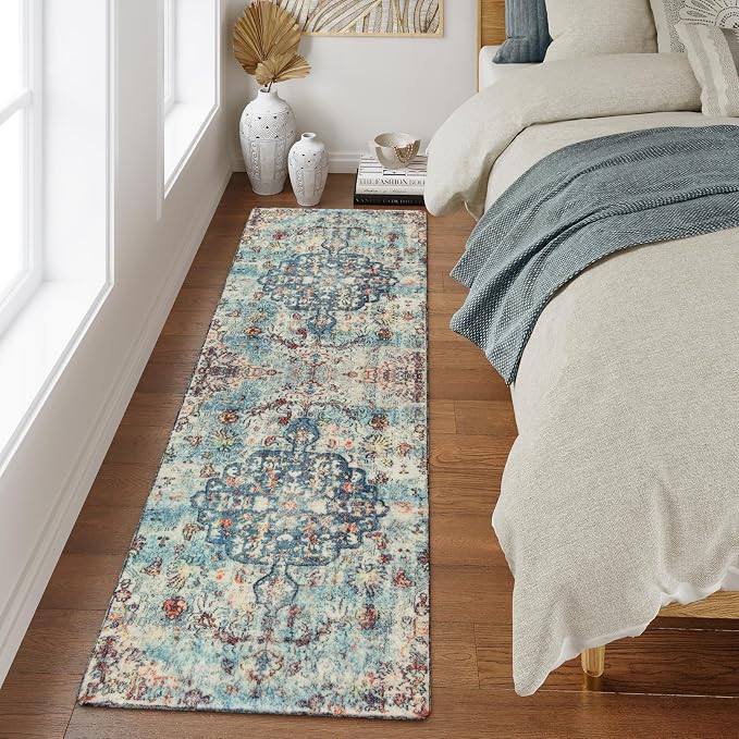 Lahome Reine Bohemian Floral Medallion Runner Rug - 2x6 Hallway Laundry Rug Runner Washable Kitchen Sink Mat Distressed Turkish Non-Slip Soft Bedside Carpet for Doorway Bedroom, Vintage Teal/Multi