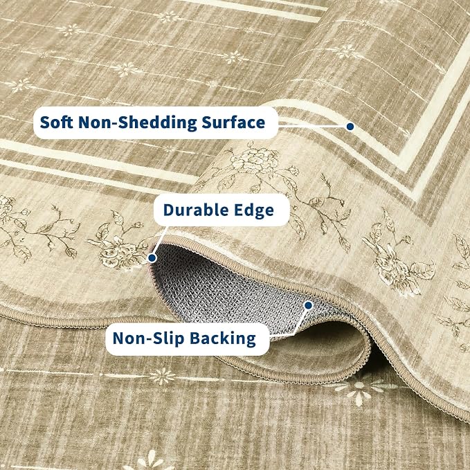Garvee Scollaped Rugs for Living Room 5x7 Area Rugs for Bedroom Soft Camel | Non-Slip Low Pile Neutral Kids Rug Non-Shedding Bordered Nursery Carpet Foldable Thin Mat for Dining Room Kitchen Playroom