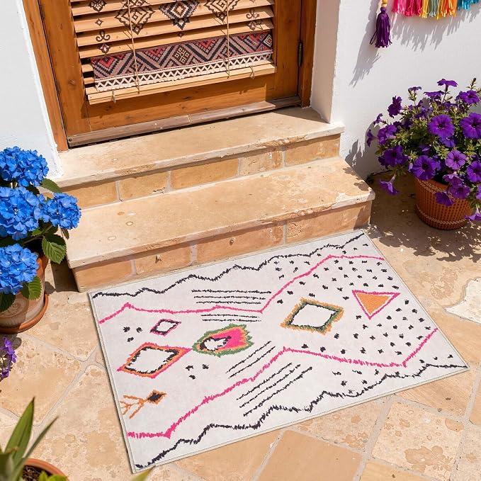 jinchan 2x3 Hot Nerd Rug Modern Boho Geometric Washable Entryway Rug，Beige | Abstract Pattern, Tribal Inspired, Diamond Accents, Washable, Soft Texture, Non-Slip, Low Pile, Kitchen, Bathroom