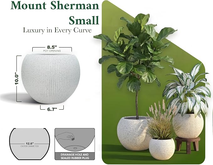 DTY Premium Mt Sherman Fiberstone Sphere Planter for Indoor Outdoor Use, Round Pot for Olive Tree, Lightweight, Smooth Finishes. 2 Coco Mats. Ribbed White, Small 12.6" D x 10'' H. 8.5” Pot Opening