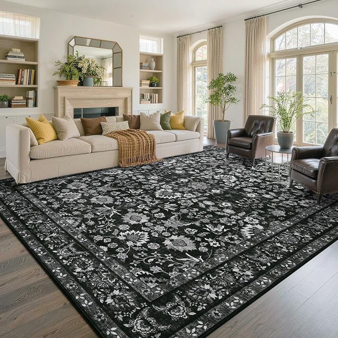 9x12 Ft Extra Large Area Rugs for Living Room, Soft Non-Slip Machine Washable Rug, Vintage Stain Resistant Carpets for Bedroom Nursery Dining Room Home Decor (Black)