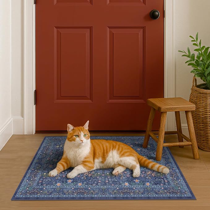 Navy Blue Washable 2x3 Entry Rug - Small Front Door Mats Indoor, Non-Slip Boho Bathroom Rugs, Vintage Dark Decor for Kitchen, Entryway