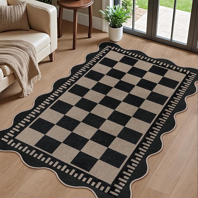 Checkered Easy Jute 3x5 Outdoor Patio Rug, Washable Rugs for Entryway Indoor Outdoor Area Rug Black Kitchen Rugs, Non-Slip Farmhouse Neutral Rug for Balcony Backyard