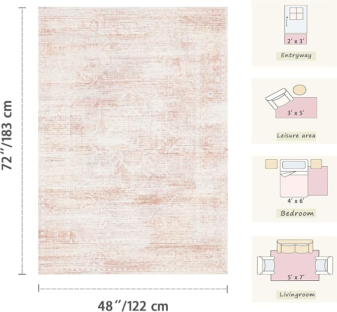 Latte&Fog Pink 4x6 Area Rug for Entryway, Vintage Washable Cute Small Rugs | for Girls Bedroom Dining Kitchen Kids Playroom Nursery Classroom Dorm Farmhouse Office, Non Slip Low Pile Soft Floral Carpet