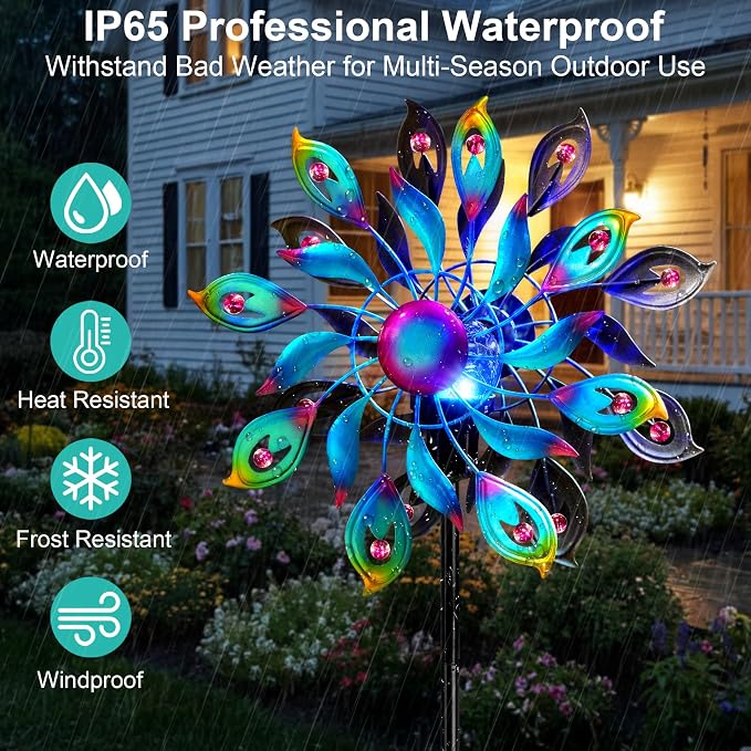 360°Peacock Solar Wind Spinner with Lights Blue Metal Garden Outdoor Decor Yard Lawn Art Decor for Patio Kinetic Windmills Unique Gifts for Friends and Family 51.9' H x 12.2'' Dia