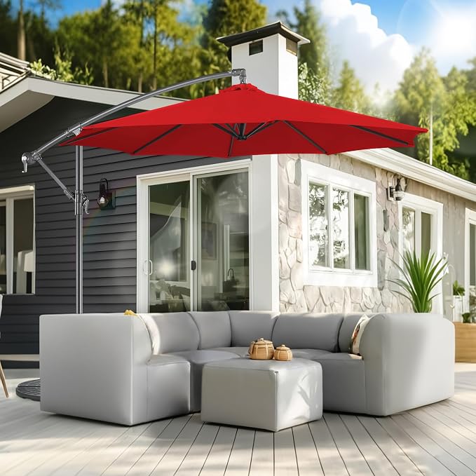Offset Patio Umbrella Cantilever - 10 FT Cantilever Umbrella Outdoor with Crank and Cross Base, UV Protection Large Patio Umbrella for Garden, Deck, Backyard, Pool, Porch (Red)