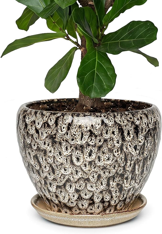 11 Inch Ceramic Plant Pot with Drainage Hole Mesh Net, Large Gardening Pots for Indoor Plants with Saucer, Speckle White