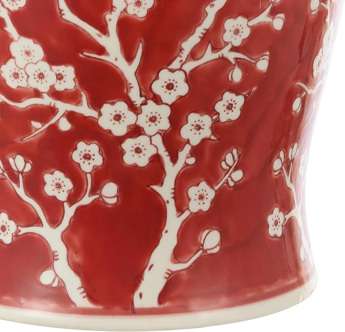 JONATHAN Y Cherry Blossom Ceramic Garden Stool 17.75" Chinoiserie Floral Drum Side Table for Patio and Living Room, Indoor Outdoor Plant Stand, Traditional, Red/White TBL1017B