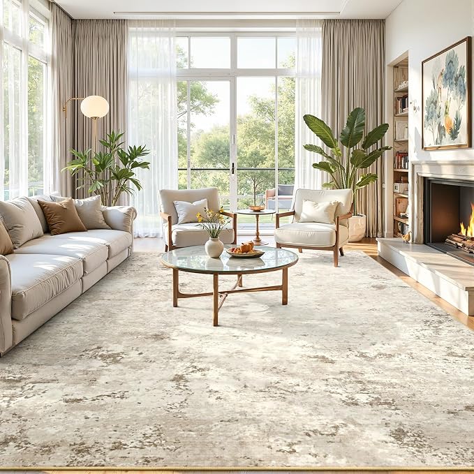 Toneed Washable 8x10 Beige Area Rug with Non-Slip Backing for Living Room | Abstract Modern Rugs, Soft Low Pile Carpet for Bedroom Kitchen Dining Room Nursery Indoor Floor Office Home Decor