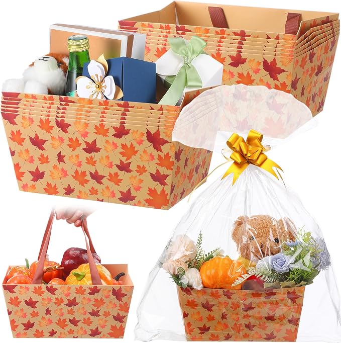 Qinyoung 12 Pcs Fall Basket for Gifts Empty 9.8 x 6.5'' Maple Leaves Gift Basket Empty to Fill with Handles, Bows, Plastic Bags and Twist Ties for Autumn Thanksgiving Party Favor Supplies