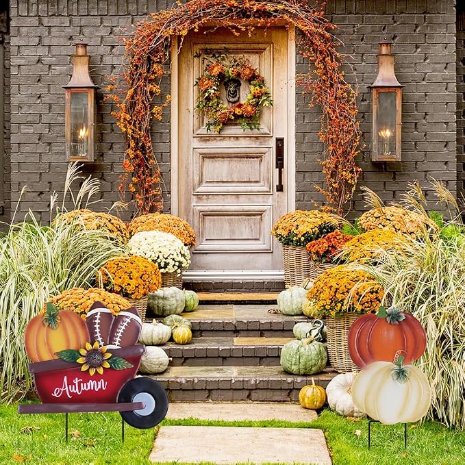 YEAHOME Fall Decorations Outdoor, Stacked Pumpkin Football Wheelbarrow Decorative Garden Stakes, Autumn Metal Cart Yard Signs for Home Outside Garden Lawn Porch Decor, Thanksgiving Decorations
