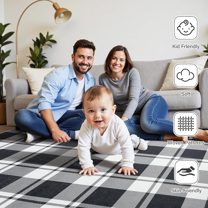 Checkered 4x6 Area Rugs, Jute Rug for Indoor Outdoor, Black/White | Washable Jute Area Rug With Non-Slip Backing, Low-Pile Texture, Farmhouse Geometric Pattern In Neutral White/Black, Durable